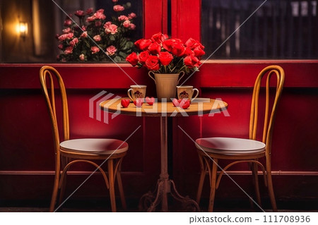Coffee shop in Paris, France. Red roses on the table. 111708936