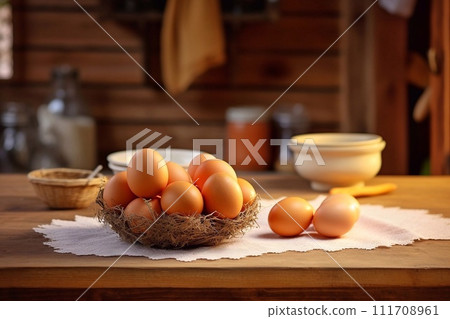 Eggs in a basket on a table in a rustic kitchen Eggs in a basket on a table in a rustic kitchen 111708961