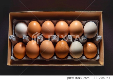 Eggs in a cardboard box on a dark background. Eggs in a cardboard box on a dark background. 111708964