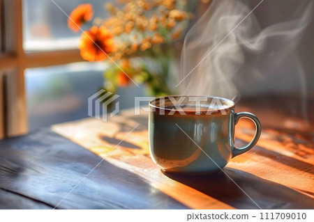A cup of hot coffee on a wooden table near the window. A cup of hot coffee on a wooden table near the window. 111709010
