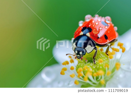 ladybug on a flower in the morning dew 111709019