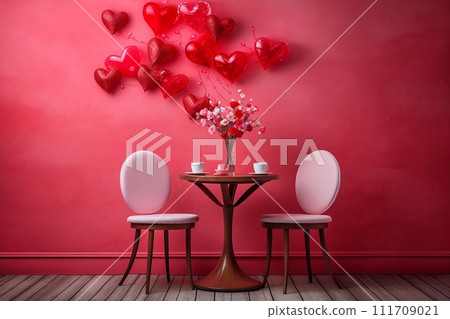 Valentine table with heart shaped balloons on red wall Valentine table with heart shaped balloons on red wall 111709021