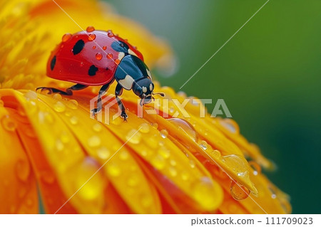 ladybug on flower petal with dew drops ladybug on flower petal with dew drops 111709023