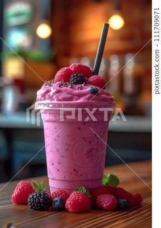 Cocktail with red strawberries and a straw on the table Cocktail with red strawberries and a straw on the table 111709071