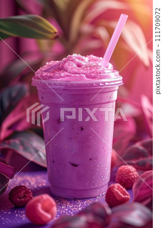 Cocktail with raspberries and a straw on the table 111709072