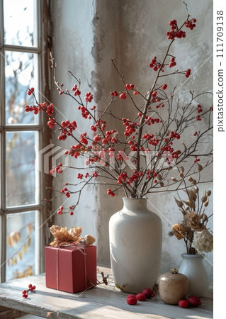 A gift box and a vase with red flowers on the windowsill. Celebrating Valentine's Day A gift box and a vase with red flowers on the windowsill. Celebrating Valentine's Day 111709138