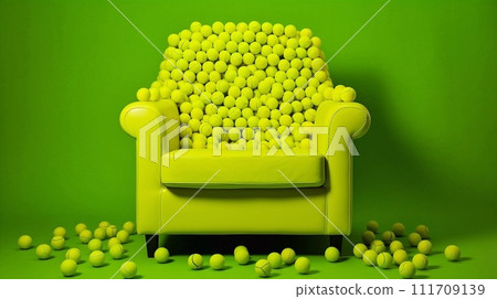 Yellow sofa with tennis balls 111709139