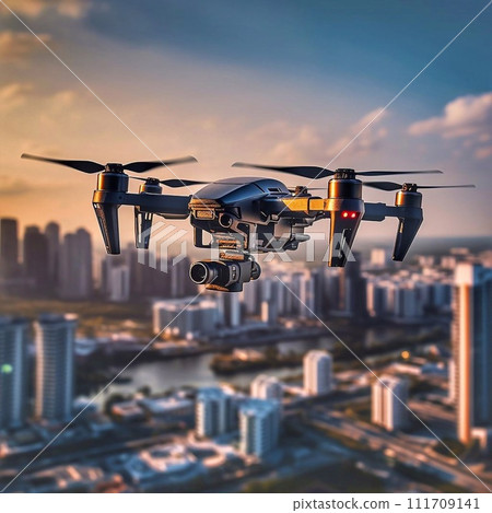 A drone flies over the city 111709141