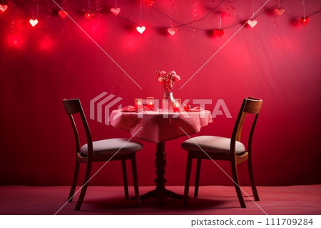 Valentine's day. Romantic dinner on a red background with hearts 111709284
