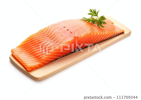 Fresh salmon fillet. Salmon fillet with parsley on wooden board isolated on white background Fresh salmon fillet. Salmon fillet with parsley on wooden board isolated on white background 111709344