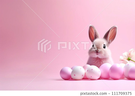 Easter bunny and Easter eggs on a pink background Easter bunny and Easter eggs on a pink background 111709375