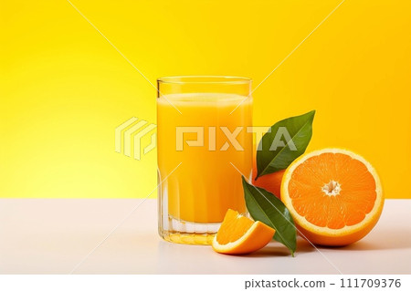 Glass of fresh orange juice with slice of orange fruit Glass of fresh orange juice with slice of orange fruit 111709376