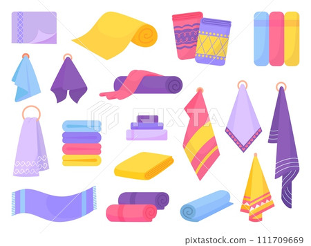Isolated flat towels. Cartoon towel for kitchen and bathroom. Household textile accessories, napkins and tissue. Neoteric vector clipart 111709669