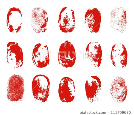 Bloody fingerprints. Isolated fingerprint in blood, red human identification elements and stains. Crime investigation, victim or criminal, neoteric vector set 111709680