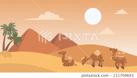 Camel in desert. Camels caravan in sands landscape. Arabian animals on dunes on sunset. Funny animal with decorative carpets, nowaday vector background 111709683