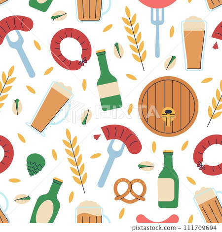 Beer seamless pattern. Brewery elements background. Oktoberfest food and drinks, wooden barrels and sausages. Trendy decent vector print design Beer seamless pattern. Brewery elements background. Oktoberfest food and drinks, wooden barrels and sausages. Trendy decent vector print design 111709694