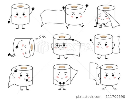 Toilet paper characters. Funny kawaii papers rolls with different emotions. Cute hygiene character, childish education mascots, decent vector set Toilet paper characters. Funny kawaii papers rolls with different emotions. Cute hygiene character, childish education mascots, decent vector set 111709698