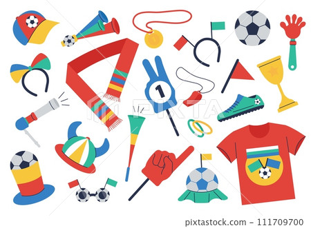Soccer fans elements. Football championship attributes, foam finger, ball, golden cup, t-shirt. Isolated sport competition objects, decent vector set Soccer fans elements. Football championship attributes, foam finger, ball, golden cup, t-shirt. Isolated sport competition objects, decent vector set 111709700
