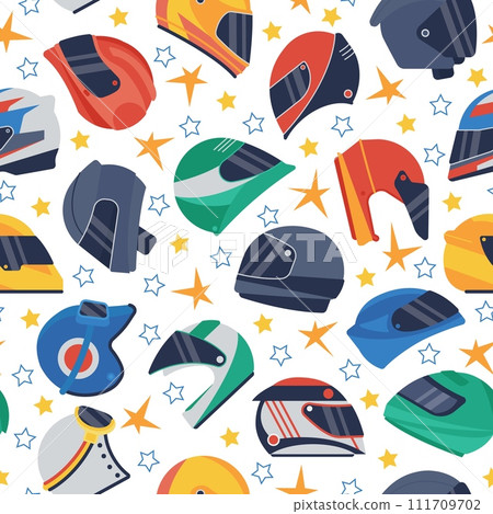 Helmets seamless pattern. Retro helmet, motorcycle or bicycle headgear. Head protection elements. Moto fabric print, decent vector background 111709702