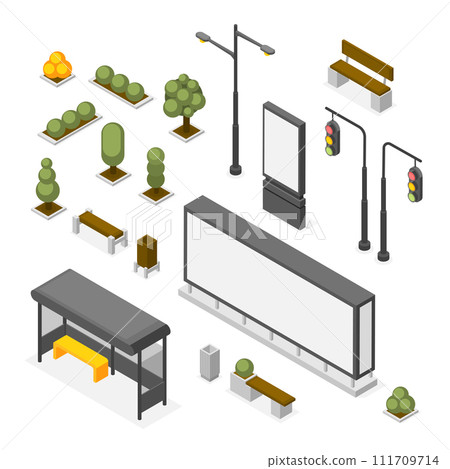 Isometric city elements. Isolated traffic light, street lights, public transport stop and billboards. Part design bushes and tree, flawless vector set 111709714