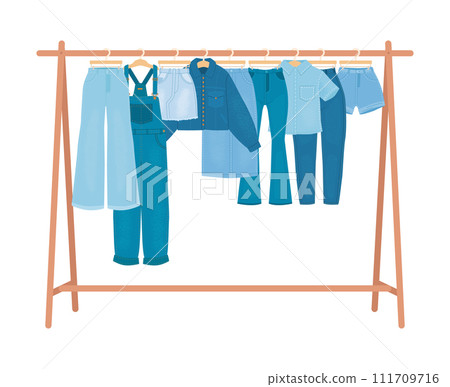 Denim clothes on hanger. Female wardrobe, various jean clothes hang. Fashion store or home wardrobe element. Blue pants, jacket and skirt snugly vector scene 111709716