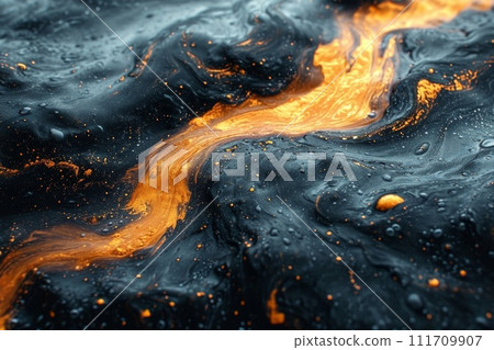 An abstraction of a golden river on black volcanic sand . 3d illustration 111709907