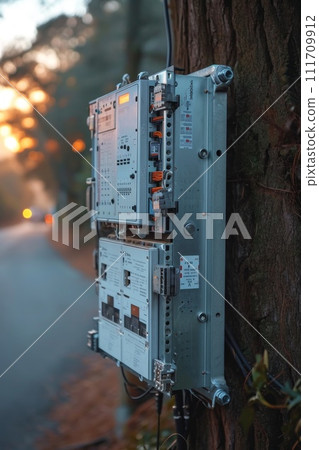 The electric cabinet is on the street 111709912