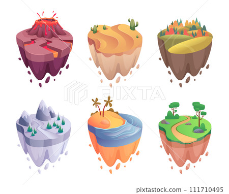 Isometric island. Cartoon game fantastic landscapes flying islands with rocks and grass exact vector different nature 111710495