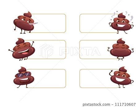 Poo funny emotional faces on poo. Vector ads empty banners Poo funny emotional faces on poo. Vector ads empty banners 111710607