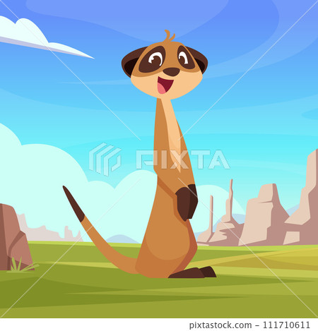 Meerkat happy wild cartoon animal standing in beautiful landscape Meerkat happy wild cartoon animal standing in beautiful landscape 111710611