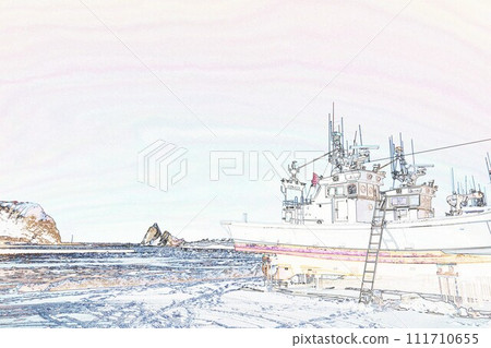 Pastel style “Winter Oronko Rock and Utoro fishing port, Hokkaido” illustration image 111710655