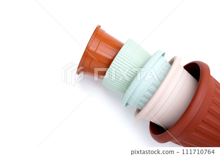Plastic plant pots, containers on white background. 111710764