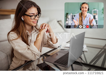 Woman entrepreneur have video call with business consultant Woman entrepreneur have video call with business consultant 111710821