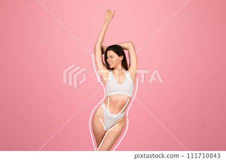 A smiling woman with dark hair is playfully stretching, highlighted by a white line drawing of her figure A smiling woman with dark hair is playfully stretching, highlighted by a white line drawing of her figure 111710843