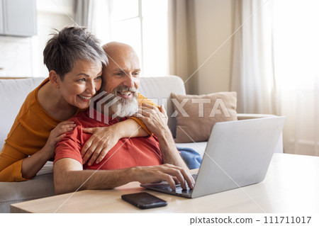 Happy Senior Couple Using Laptop Computer, Browsing Internet At Home 111711017