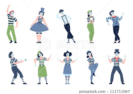 Mimes characters. French street theater artists. Performance and pantomime comedian actors. Mime with facial mask, isolated recent vector flat set Mimes characters. French street theater artists. Performance and pantomime comedian actors. Mime with facial mask, isolated recent vector flat set 111711067