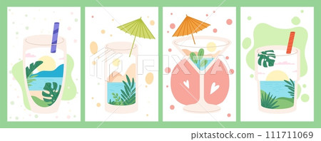 Summer cocktails posters. Abstract cards with glasses and various splashes and bubbles. Cocktail banner design, vector stylish backgrounds templates 111711069