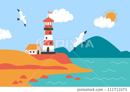Lighthouse on coast. Ocean landscape with seagulls, mountains and hills. Safety for ships, metaphor of freedom and loneliness. Vector nature background 111711073