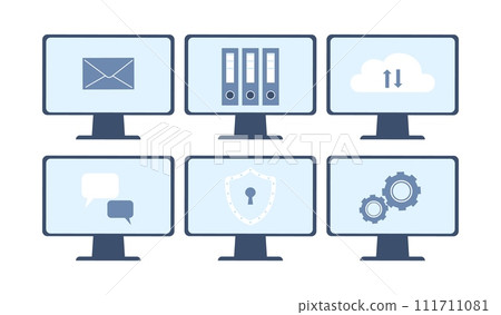 Computer monitors with different signs. Cloud service, digital folders and storage, web safety, email and messenger. Flat technologies vector symbols 111711081