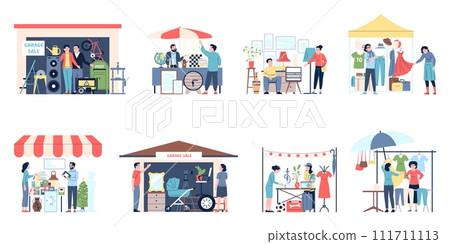 Garage sale. Outdoor flea market, sellers and customers. Second hand goods, people sell used furniture, clothes and tools, recent vector scenes Garage sale. Outdoor flea market, sellers and customers. Second hand goods, people sell used furniture, clothes and tools, recent vector scenes 111711113