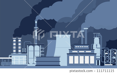 Smog pollution. Chimneys and factory pipes with smoke clouds. Industrial factories landscape. Emission of chemicals, air polluted recent vector scene Smog pollution. Chimneys and factory pipes with smoke clouds. Industrial factories landscape. Emission of chemicals, air polluted recent vector scene 111711115