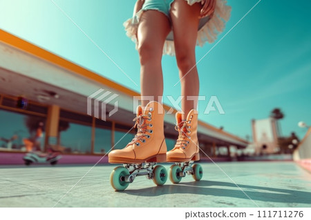 Beautiful long-legged girls pose on vintage roller skates in the park on a warm summer day 111711276