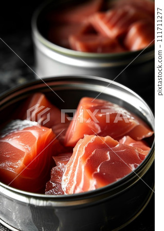 Production of canned fish. Tin cans of fish on the conveyor 111711277