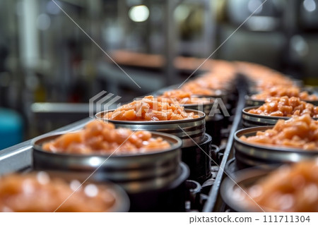 Production of canned fish. Tin cans of fish on the conveyor 111711304