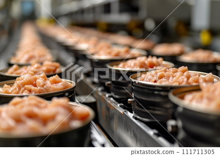 Production of canned fish. Tin cans of fish on the conveyor 111711305