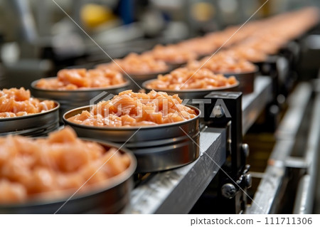 Production of canned fish. Tin cans of fish on the conveyor 111711306