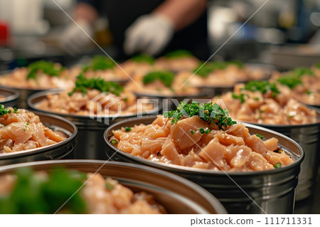 Production of canned fish. Tin cans of fish on the conveyor Production of canned fish. Tin cans of fish on the conveyor 111711331