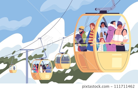 People on cableway. Diversity tourists lifting to mountain in ropeway tram cabin, snowboard ski winter resort panorama landscape, woman man at cable car classy vector illustration People on cableway. Diversity tourists lifting to mountain in ropeway tram cabin, snowboard ski winter resort panorama landscape, woman man at cable car classy vector illustration 111711462