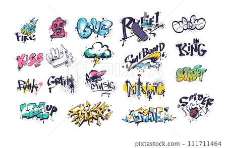 Wall graffiti tags. Underground style doodling fashion symbols, spray tag skateboard urban crazy street art marker script, school walls vandalism element classy vector illustration 111711464