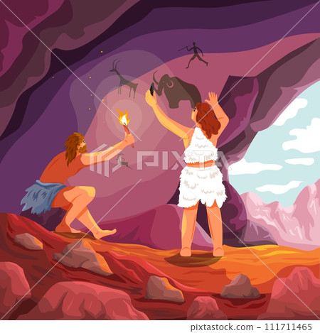Prehistoric people rock art. Ancient writing, caveman painting inscriptions on stone or cave wall, paleolithic inscription wild tribe antique man artwork recent vector illustration Prehistoric people rock art. Ancient writing, caveman painting inscriptions on stone or cave wall, paleolithic inscription wild tribe antique man artwork recent vector illustration 111711465